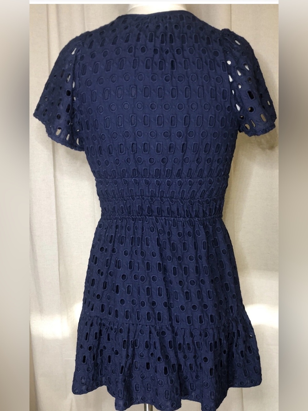ANTHROPOLOGIE Somerset Mini DRESS Sz S  Navy Blue EYLET Lace Fit Flare - Picture 3 of 9